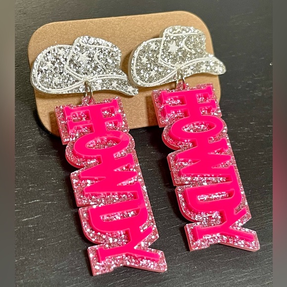 Fourty Dreams Boutique Jewelry - New arcylic western pink and silver glitter HOWDY earrings